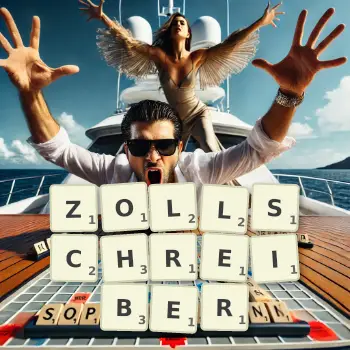 Kreative Illustration für ein Scrabble-Spiel, bei dem das Wort ZOLLSCHREIBER mit Steinen auf dem Brett gelegt wurde.