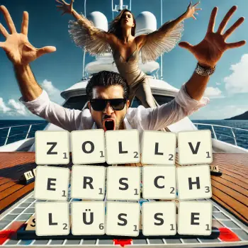 Kreative Illustration für ein Scrabble-Spiel, bei dem das Wort ZOLLVERSCHLÜSSE mit Steinen auf dem Brett gelegt wurde.
