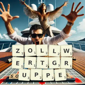 Kreative Illustration für ein Scrabble-Spiel, bei dem das Wort ZOLLWERTGRUPPE mit Steinen auf dem Brett gelegt wurde.