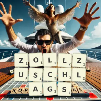 Kreative Illustration für ein Scrabble-Spiel, bei dem das Wort ZOLLZUSCHLAGS mit Steinen auf dem Brett gelegt wurde.
