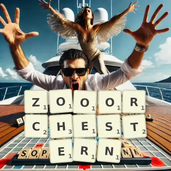 Kreative Illustration für ein Scrabble-Spiel, bei dem das Wort ZOOORCHESTERN mit Steinen auf dem Brett gelegt wurde.
