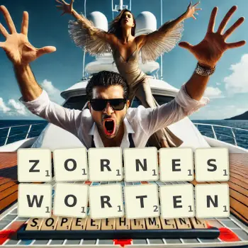 Kreative Illustration für ein Scrabble-Spiel, bei dem das Wort ZORNESWORTEN mit Steinen auf dem Brett gelegt wurde.
