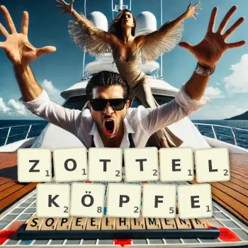 Kreative Illustration für ein Scrabble-Spiel, bei dem das Wort ZOTTELKÖPFE mit Steinen auf dem Brett gelegt wurde.