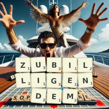Kreative Illustration für ein Scrabble-Spiel, bei dem das Wort ZUBILLIGENDEM mit Steinen auf dem Brett gelegt wurde.