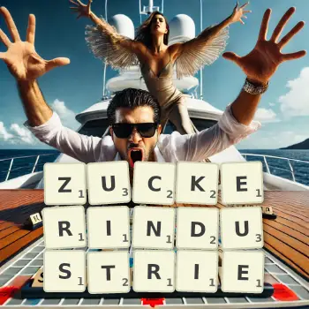Kreative Illustration für ein Scrabble-Spiel, bei dem das Wort ZUCKERINDUSTRIE mit Steinen auf dem Brett gelegt wurde.