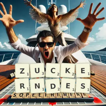 Kreative Illustration für ein Scrabble-Spiel, bei dem das Wort ZUCKERNDES mit Steinen auf dem Brett gelegt wurde.