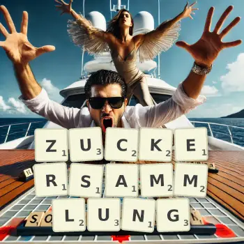 Kreative Illustration für ein Scrabble-Spiel, bei dem das Wort ZUCKERSAMMLUNG mit Steinen auf dem Brett gelegt wurde.
