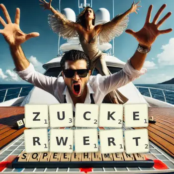 Kreative Illustration für ein Scrabble-Spiel, bei dem das Wort ZUCKERWERT mit Steinen auf dem Brett gelegt wurde.