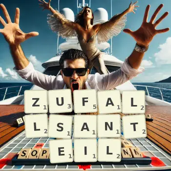 Kreative Illustration für ein Scrabble-Spiel, bei dem das Wort ZUFALLSANTEIL mit Steinen auf dem Brett gelegt wurde.