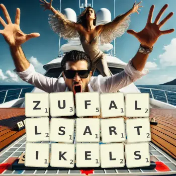 Kreative Illustration für ein Scrabble-Spiel, bei dem das Wort ZUFALLSARTIKELS mit Steinen auf dem Brett gelegt wurde.