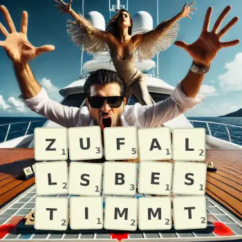 Kreative Illustration für ein Scrabble-Spiel, bei dem das Wort ZUFALLSBESTIMMT mit Steinen auf dem Brett gelegt wurde.