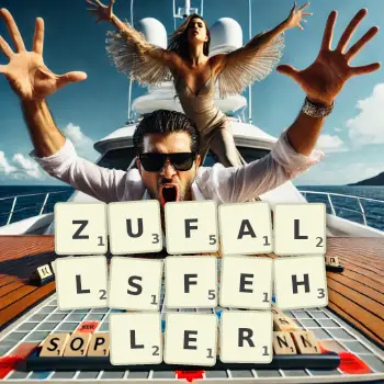 Kreative Illustration für ein Scrabble-Spiel, bei dem das Wort ZUFALLSFEHLER mit Steinen auf dem Brett gelegt wurde.