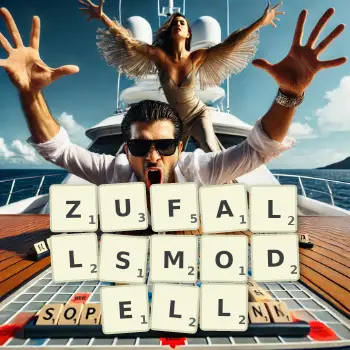 Kreative Illustration für ein Scrabble-Spiel, bei dem das Wort ZUFALLSMODELL mit Steinen auf dem Brett gelegt wurde.