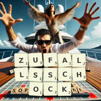 Kreative Illustration für ein Scrabble-Spiel, bei dem das Wort ZUFALLSSCHOCK mit Steinen auf dem Brett gelegt wurde.