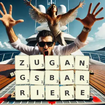 Kreative Illustration für ein Scrabble-Spiel, bei dem das Wort ZUGANGSBARRIERE mit Steinen auf dem Brett gelegt wurde.