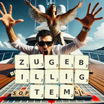 Kreative Illustration für ein Scrabble-Spiel, bei dem das Wort ZUGEBILLIGTEM mit Steinen auf dem Brett gelegt wurde.