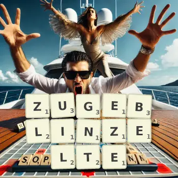 Kreative Illustration für ein Scrabble-Spiel, bei dem das Wort ZUGEBLINZELTE mit Steinen auf dem Brett gelegt wurde.