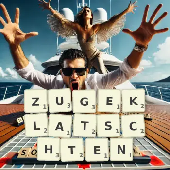 Kreative Illustration für ein Scrabble-Spiel, bei dem das Wort ZUGEKLATSCHTEN mit Steinen auf dem Brett gelegt wurde.