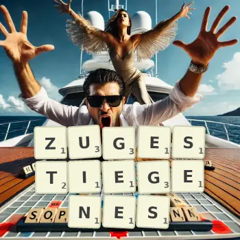 Kreative Illustration für ein Scrabble-Spiel, bei dem das Wort ZUGESTIEGENES mit Steinen auf dem Brett gelegt wurde.