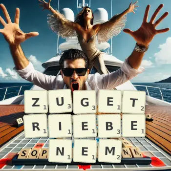 Kreative Illustration für ein Scrabble-Spiel, bei dem das Wort ZUGETRIEBENEM mit Steinen auf dem Brett gelegt wurde.