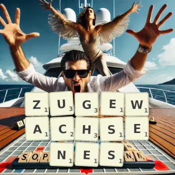 Kreative Illustration für ein Scrabble-Spiel, bei dem das Wort ZUGEWACHSENES mit Steinen auf dem Brett gelegt wurde.