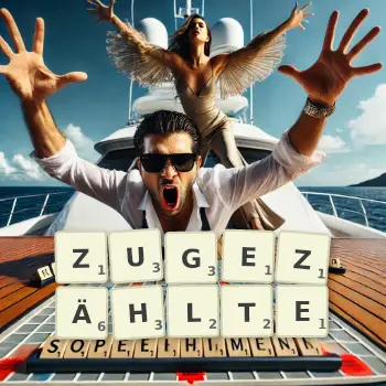Kreative Illustration für ein Scrabble-Spiel, bei dem das Wort ZUGEZÄHLTE mit Steinen auf dem Brett gelegt wurde.