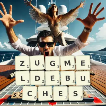 Kreative Illustration für ein Scrabble-Spiel, bei dem das Wort ZUGMELDEBUCHES mit Steinen auf dem Brett gelegt wurde.