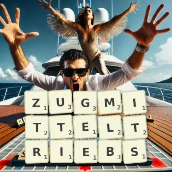Kreative Illustration für ein Scrabble-Spiel, bei dem das Wort ZUGMITTELTRIEBS mit Steinen auf dem Brett gelegt wurde.