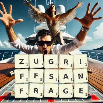 Kreative Illustration für ein Scrabble-Spiel, bei dem das Wort ZUGRIFFSANFRAGE mit Steinen auf dem Brett gelegt wurde.