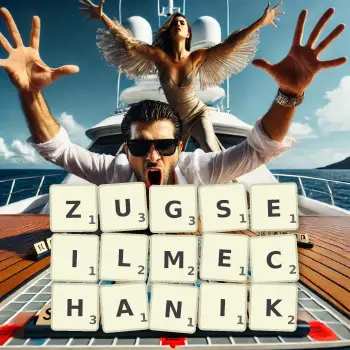 Kreative Illustration für ein Scrabble-Spiel, bei dem das Wort ZUGSEILMECHANIK mit Steinen auf dem Brett gelegt wurde.