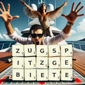 Kreative Illustration für ein Scrabble-Spiel, bei dem das Wort ZUGSPITZGEBIETE mit Steinen auf dem Brett gelegt wurde.