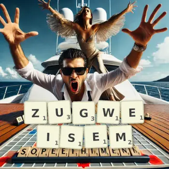 Kreative Illustration für ein Scrabble-Spiel, bei dem das Wort ZUGWEISEM mit Steinen auf dem Brett gelegt wurde.