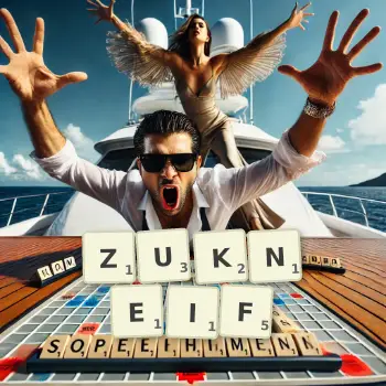 Kreative Illustration für ein Scrabble-Spiel, bei dem das Wort ZUKNEIF mit Steinen auf dem Brett gelegt wurde.