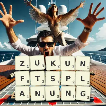 Kreative Illustration für ein Scrabble-Spiel, bei dem das Wort ZUKUNFTSPLANUNG mit Steinen auf dem Brett gelegt wurde.
