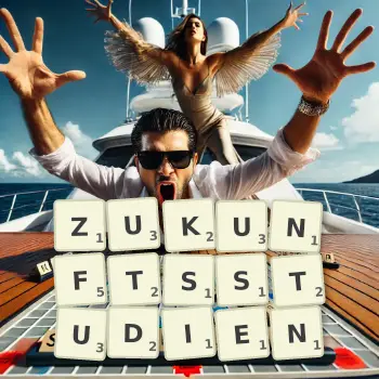 Kreative Illustration für ein Scrabble-Spiel, bei dem das Wort ZUKUNFTSSTUDIEN mit Steinen auf dem Brett gelegt wurde.