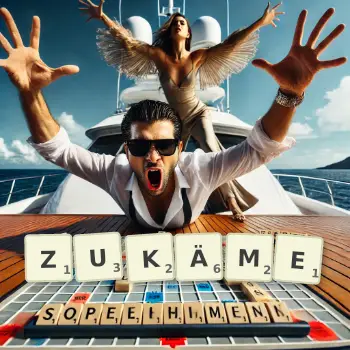 Kreative Illustration für ein Scrabble-Spiel, bei dem das Wort ZUKÄME mit Steinen auf dem Brett gelegt wurde.