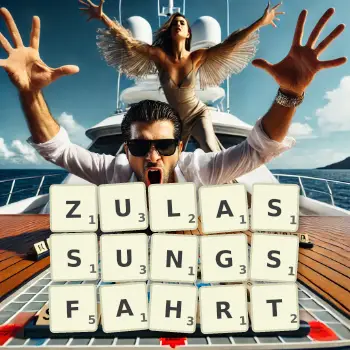 Kreative Illustration für ein Scrabble-Spiel, bei dem das Wort ZULASSUNGSFAHRT mit Steinen auf dem Brett gelegt wurde.