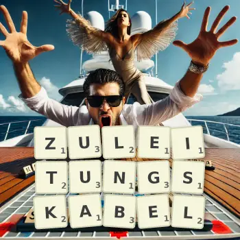Kreative Illustration für ein Scrabble-Spiel, bei dem das Wort ZULEITUNGSKABEL mit Steinen auf dem Brett gelegt wurde.