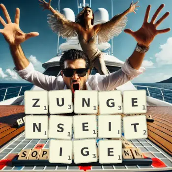Kreative Illustration für ein Scrabble-Spiel, bei dem das Wort ZUNGENSEITIGE mit Steinen auf dem Brett gelegt wurde.