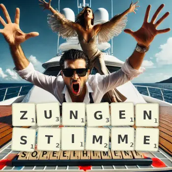 Kreative Illustration für ein Scrabble-Spiel, bei dem das Wort ZUNGENSTIMME mit Steinen auf dem Brett gelegt wurde.