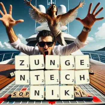 Kreative Illustration für ein Scrabble-Spiel, bei dem das Wort ZUNGENTECHNIK mit Steinen auf dem Brett gelegt wurde.