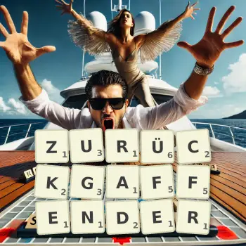 Kreative Illustration für ein Scrabble-Spiel, bei dem das Wort ZURÜCKGAFFENDER mit Steinen auf dem Brett gelegt wurde.