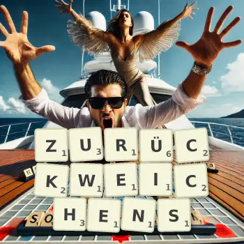 Kreative Illustration für ein Scrabble-Spiel, bei dem das Wort ZURÜCKWEICHENS mit Steinen auf dem Brett gelegt wurde.