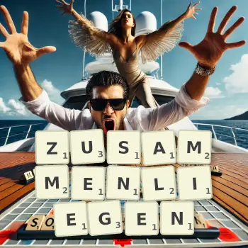 Kreative Illustration für ein Scrabble-Spiel, bei dem das Wort ZUSAMMENLIEGEN mit Steinen auf dem Brett gelegt wurde.
