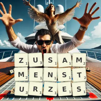 Kreative Illustration für ein Scrabble-Spiel, bei dem das Wort ZUSAMMENSTURZES mit Steinen auf dem Brett gelegt wurde.