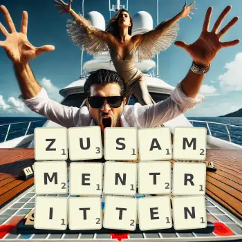 Kreative Illustration für ein Scrabble-Spiel, bei dem das Wort ZUSAMMENTRITTEN mit Steinen auf dem Brett gelegt wurde.