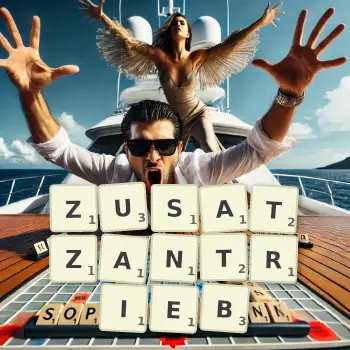 Kreative Illustration für ein Scrabble-Spiel, bei dem das Wort ZUSATZANTRIEB mit Steinen auf dem Brett gelegt wurde.