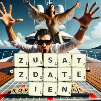 Kreative Illustration für ein Scrabble-Spiel, bei dem das Wort ZUSATZDATEIEN mit Steinen auf dem Brett gelegt wurde.
