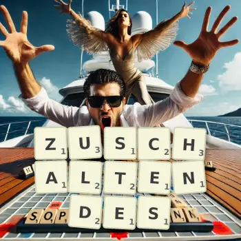 Kreative Illustration für ein Scrabble-Spiel, bei dem das Wort ZUSCHALTENDES mit Steinen auf dem Brett gelegt wurde.