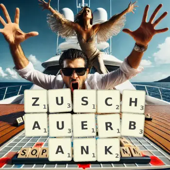 Kreative Illustration für ein Scrabble-Spiel, bei dem das Wort ZUSCHAUERBANK mit Steinen auf dem Brett gelegt wurde.